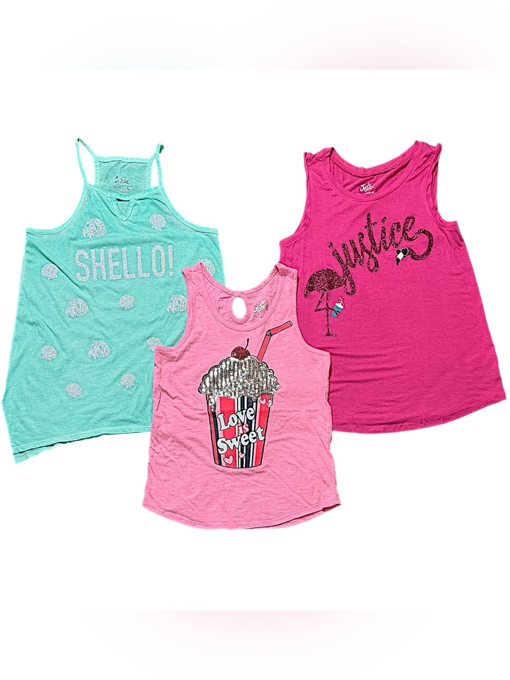 Justice Girls Large Graphic 3 pc Tanks Colorful Glittery Sequins Lot Size 10